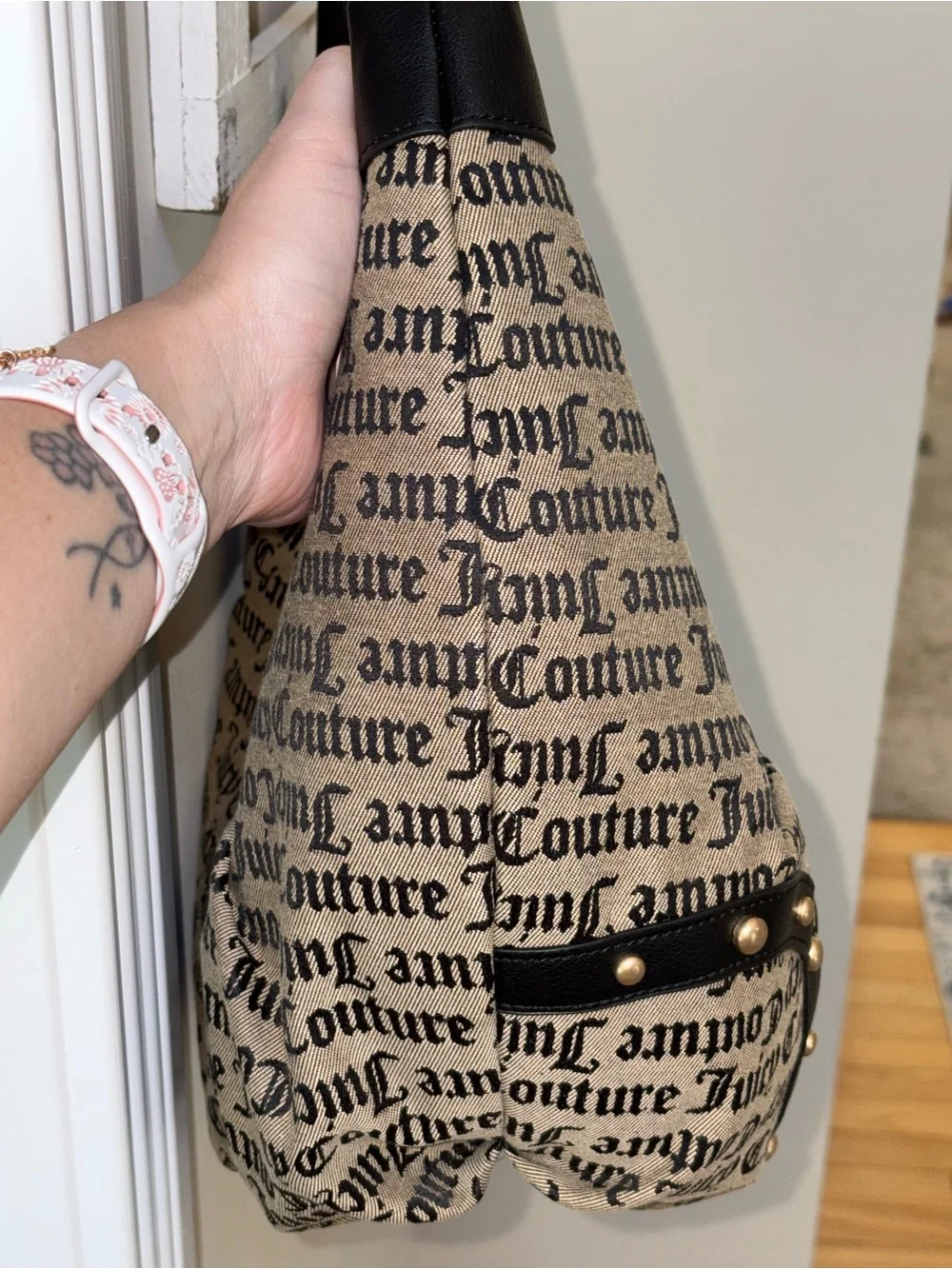 Juicy Couture Black & Beige Logo Hobo with Heart Charm